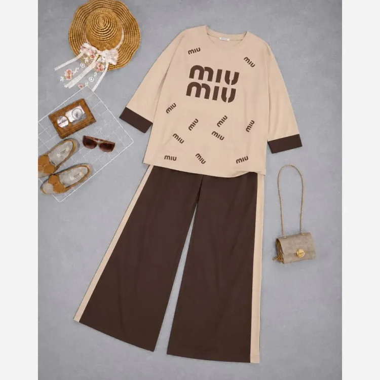 ست شومیز و شلوار گلکسی miu miu کرم قهوه ای فری سایز تا 48